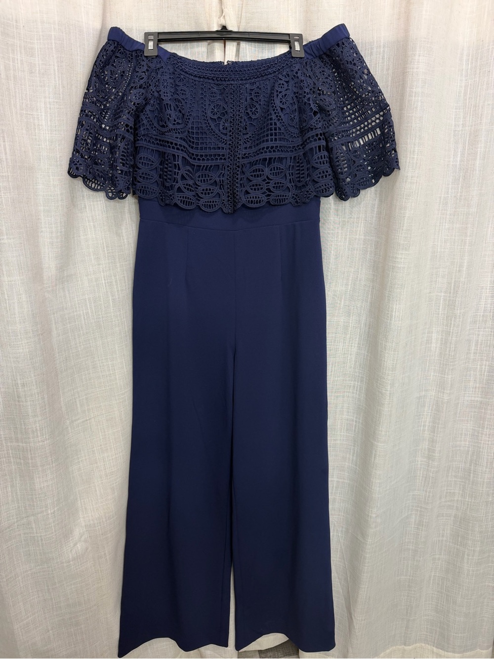 ANTONIO MELANI Navy Off-Shoulder Crochet Jumpsuit
